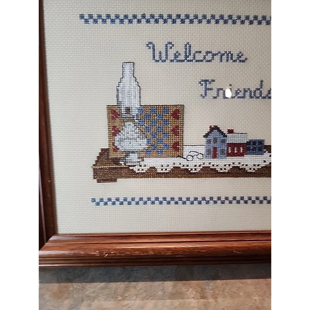 Vintage Framed Cross Stitch Wall Art Welcome Friends Yak 1991 Lantern 13.5x12